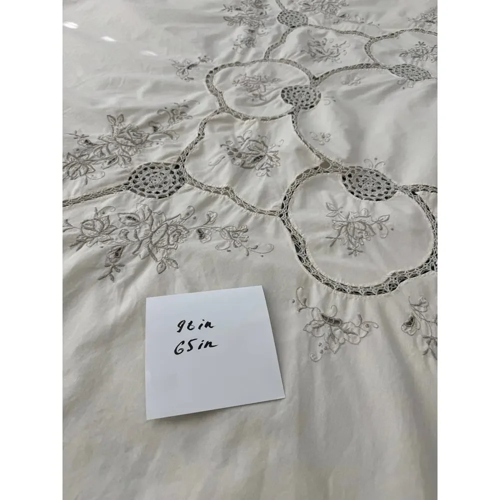 Vintage 98x65 Hand Embroidered Cutwork Lace Tablecloth White Floral Rectangular
